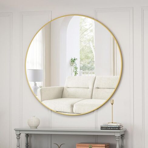 Elegant 28-Inch Round Wall Mirror - Black Metal Framed Circular Vanity and Dressing Mirror for Bathroom, Living Room, Bedroom Decor - Chic Mirror for Stylish Home Decoration in Saudi Arabia