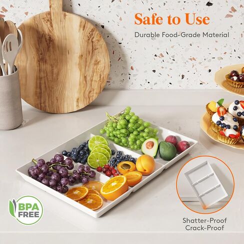 Lifewit Serving Tray Divided for Party Supplies, 4 PCS 15" x 10" Plastic Platters for Serving Food, White Reusable Tray for Veggie, Snack, Fruit, Cookies, Desserts in Kitchen/Pantry in Saudi Arabia
