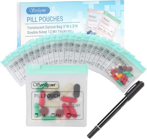 Serfeymi 32 Pcs Zippered Pill Pouches Organizer Plastic Bags 3 X 3 Inches 12 mil Self Sealing with Slide Lock Writable label Translucent Travel Medicine Storage Bag Case and 1 Pc Marker-Green in Kuwait