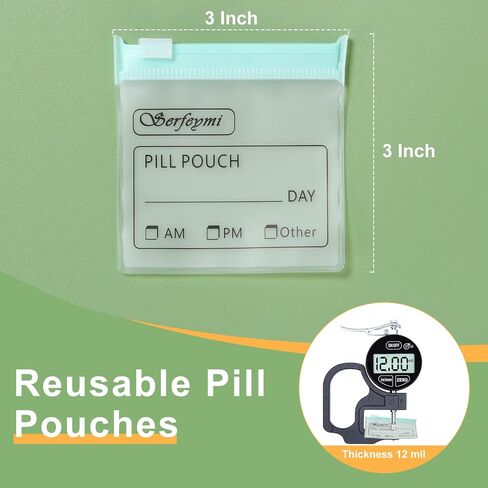 Serfeymi 32 Pcs Zippered Pill Pouches Organizer Plastic Bags 3 X 3 Inches 12 mil Self Sealing with Slide Lock Writable label Translucent Travel Medicine Storage Bag Case and 1 Pc Marker-Green in Kuwait
