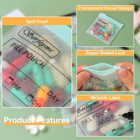 Serfeymi 32 Pcs Zippered Pill Pouches Organizer Plastic Bags 3 X 3 Inches 12 mil Self Sealing with Slide Lock Writable label Translucent Travel Medicine Storage Bag Case and 1 Pc Marker-Green in Kuwait