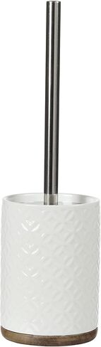 إكسسوارات الحمام مجموعة فرش تواليت سيراميك - فرشاة وحامل المرحاض بقاعدة خشبية (أبيض وبيج) in Kuwait