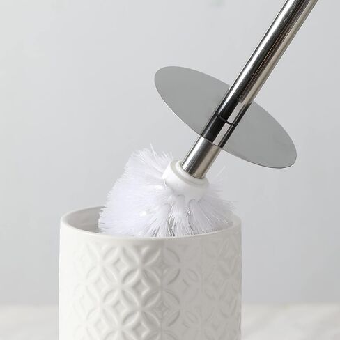 إكسسوارات الحمام مجموعة فرش تواليت سيراميك - فرشاة وحامل المرحاض بقاعدة خشبية (أبيض وبيج) in Kuwait