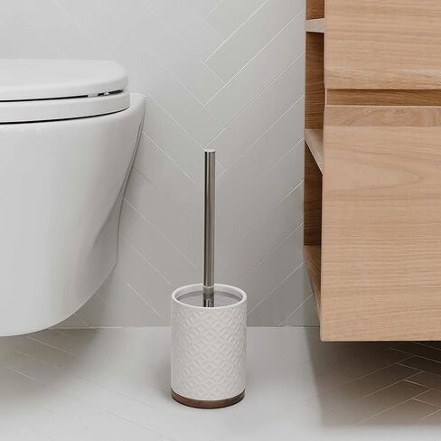 إكسسوارات الحمام مجموعة فرش تواليت سيراميك - فرشاة وحامل المرحاض بقاعدة خشبية (أبيض وبيج) in Kuwait