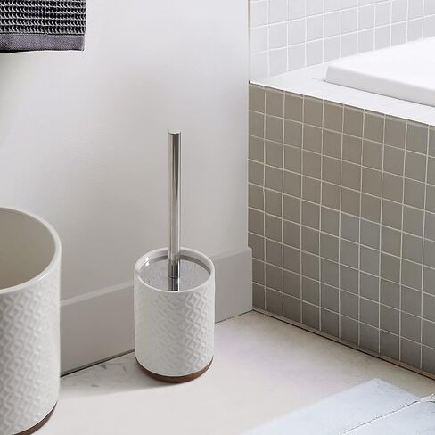 إكسسوارات الحمام مجموعة فرش تواليت سيراميك - فرشاة وحامل المرحاض بقاعدة خشبية (أبيض وبيج) in Kuwait