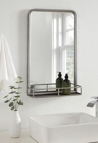 Kate and Laurel Estero Modern Radius Rectangle Mirror with Shelf, 18 x 30, Silver, Chic Industrial Iron Mirror with Durable Shelf for Storage and Display in Saudi Arabia