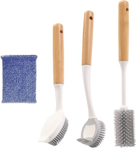 Dish Brush with Bamboo Handle Dish Scrubber, Silicone Dish Scrubber for Pans, Pots, Dishwashing and Cleaning Brushes (Pan Brush and Double Head Pan Brush) in Saudi Arabia