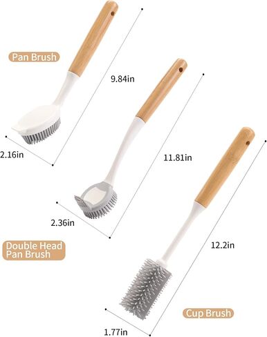 Dish Brush with Bamboo Handle Dish Scrubber, Silicone Dish Scrubber for Pans, Pots, Dishwashing and Cleaning Brushes (Pan Brush and Double Head Pan Brush) in Saudi Arabia
