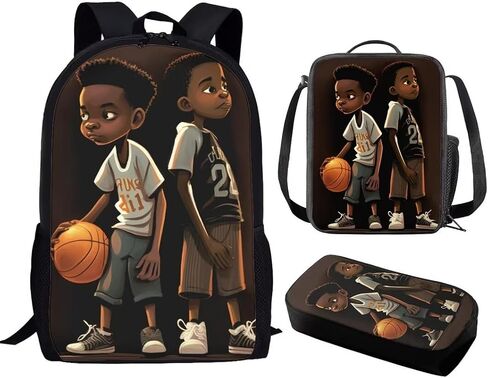 African Boy Backpack with Lunch Box for Kids Age 8-10 Basketball Bookbag with Lunch Bag Pencil Case Set 3 in 1 Art American School Bags Lunchbox 3Rd 4Th Black Boys Schoolbag Midlle School in Saudi Arabia