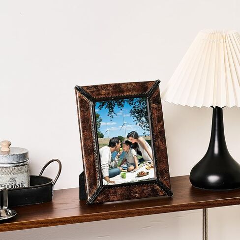 Antique 5x7 Picture Frame, Imitation Leather Hand-Crafted Resin Picture Frame with Easel, Hook & Mat, for Tabletop & Wall Gallery Photo Frames,Brown in Saudi Arabia