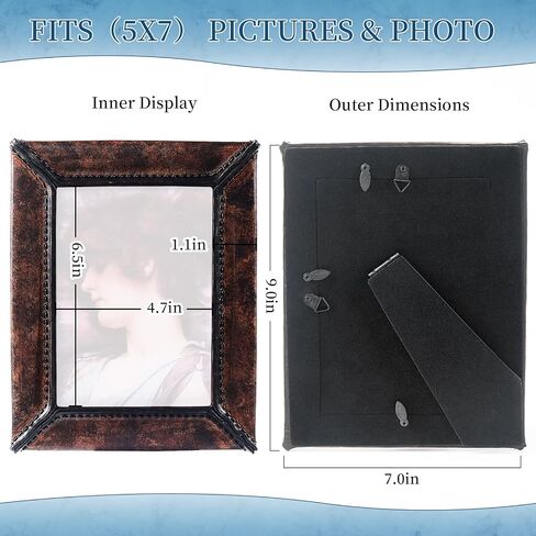 Antique 5x7 Picture Frame, Imitation Leather Hand-Crafted Resin Picture Frame with Easel, Hook & Mat, for Tabletop & Wall Gallery Photo Frames,Brown in Saudi Arabia
