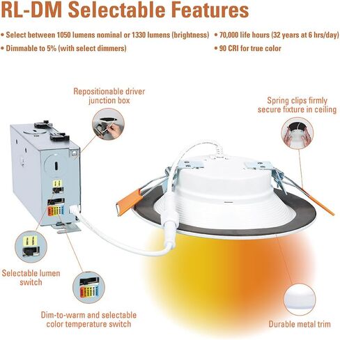 HALO RL 6 بوصة إضاءة LED مدمجة بدون غطاء، 900/1200 لومن قابل للتحديد، 5CCT(2700K، 3000K، 3500K، 4000K، 5000K) مع خافت للتدفئة، أبيض in Kuwait