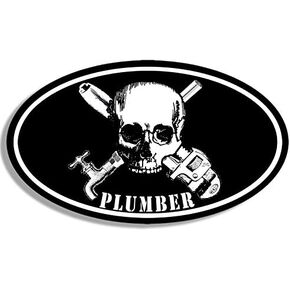 Black Oval Plumber Skull and Crossed Pipe Wrench Faucet Spigot Sticker (Plumbing Badass Vinyl Decal)