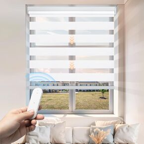 Motorized Zebra Blinds with Remote Control, Cordless Light Filtering Smart Blinds for Windows Home and Office, White, 35" W x 72" H