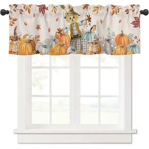 Kitchen Valance for Windows Rod Pocket Curtain Valances Fall Farm Scarecrow Pumpkin Privacy Short Curtains Panels Window Treatment for Living Room Bedroom Bathroom Maple Leaves on Vintage Burlap
