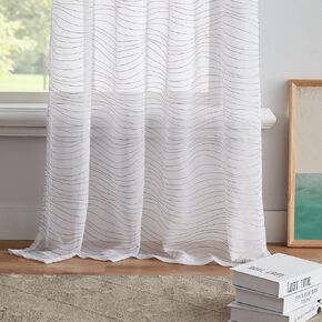 Enactex White Embroidery Sheer Curtain with Beige Wave Pattern 63 Inch Length for Living Room, Modern Design Light Filter Voile Drapes Grommet Window Treatment for Bedroom, 2 Panels