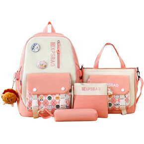 Cute Backpack 4Pcs Set for Student with Kawaii Accessories - School Bags for Teen Girls Bookbag Back to School Supplies, D Pink
