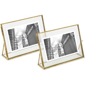 Isaac Jacobs 2x3, Antique Gold, Vintage Style Brass and Glass, Floating Photo Frame, Metal, (Vertical), with Locket Closure and Angled Base, for Pictures, Art, Mementos, Keepsakes, 2 Pack (2x3, Antique Gold)