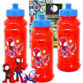 Marvel Shop Spidey and Friends Plastic Water Bottle for Boys and Girls - 3pc Spiderman Travel Bundle with Reusable Water Bottle For Home, School, and Sports, Spiderman Stickers, and More