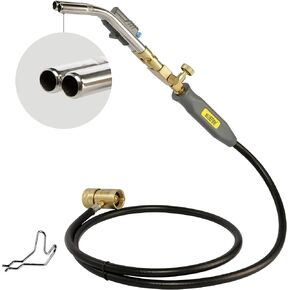 BLUEFIRE HZ-8150 Double Heads Swirl Flame Self-Ignition Hosed Turbo Torch 5' long Hose Trigger Start MAPP MAP Propane Welding Blowtorch Nozzle for brazing large diameter copper pipes, Torch Only