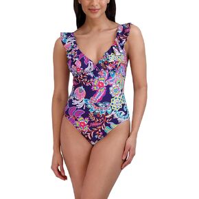 BCBGMAXAZRIA Women's Standard Ruffle Surplice One Piece Swimsuit Tummy Control Quick Dry Bathing Suit