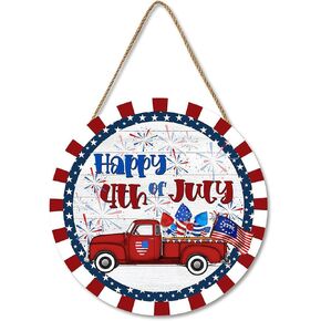 Independence Day Hanging Wooden Round with Welcome Sign Patriotic Wall Decoration Rustic American Flag Front Door Floral Outdoor Indoor 4th July Hanging Ornament Wall Decor Decorative