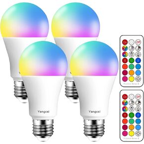 LED Light Bulbs 70W Equivalent, RGB Color Changing Light Bulb, 2 Moods/Memory/Sync/Dimmable, A19 E26 Screw Base, Timing Remote Control Included (Pack of 4)