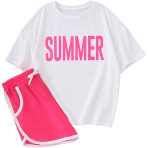Milumia Girl's 2 Piece Outfits Letter Graphic Short Sleeve Loose Tee Top with Track Shorts
