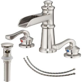 Chrome Bathroom Sink Faucet, Bathroom Faucet 3 Hole, Widespread Bathroom Faucet, 8 Inch Waterfall 2 Handle with Pop Up Drain with Overflow Set Polished Vanity Mixer Tap Commercial Modern in Kuwait