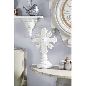 Deco 79 91145 13" x 18" Large Distressed Antique White Cross Sculpture Shelf Decor