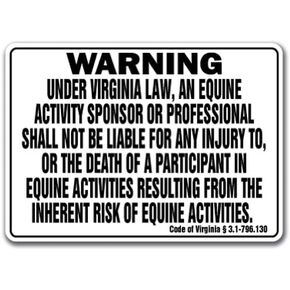 Virginia Equine Sign Activity Liability Warning Statute Horse Farm Barn Stable, 10" X 14" Aluminum