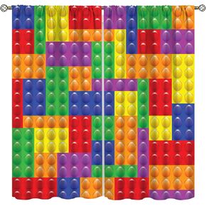Kids Boys Curtains for Bedroom, Building Blocks Toys Window Treatments Colorful Plastic Brick Geometric Print Pattern Abstract Contour Blackout Drapes for Nursery Living Room,42x45 Inch