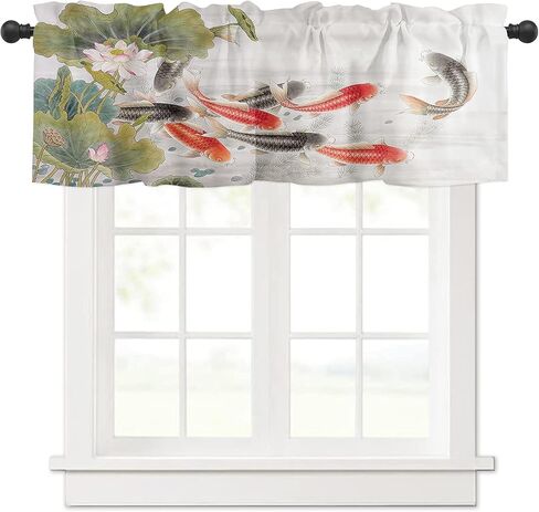 Window Curtains Valances, Lotus Flower Leaves Carp Koi Fish Traditional Chinese Art Ink Painting Rod Pocket Cafe Valance Short Curtains for Kitchen, Bedroom, Living Room, 1 Panel, 54X18 in Saudi Arabia