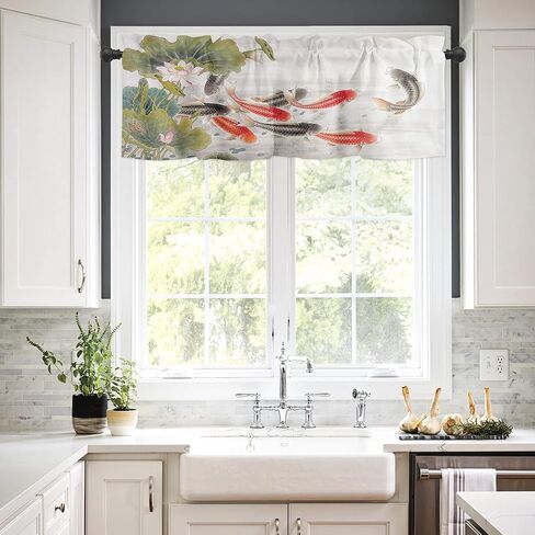 Window Curtains Valances, Lotus Flower Leaves Carp Koi Fish Traditional Chinese Art Ink Painting Rod Pocket Cafe Valance Short Curtains for Kitchen, Bedroom, Living Room, 1 Panel, 54X18 in Saudi Arabia