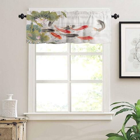 Window Curtains Valances, Lotus Flower Leaves Carp Koi Fish Traditional Chinese Art Ink Painting Rod Pocket Cafe Valance Short Curtains for Kitchen, Bedroom, Living Room, 1 Panel, 54X18 in Saudi Arabia