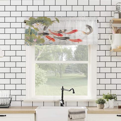 Window Curtains Valances, Lotus Flower Leaves Carp Koi Fish Traditional Chinese Art Ink Painting Rod Pocket Cafe Valance Short Curtains for Kitchen, Bedroom, Living Room, 1 Panel, 54X18 in Saudi Arabia