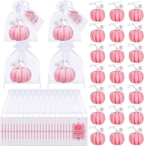 Treela 24 Sets Little Pumpkin Baby Shower Party Favors Pink Girl Little Pumpkin Baby Shower Tealight Candle for Guests Cute Pumpkin Shaped Burning Tea Light Candles Thank You Tags Party Gifts in Saudi Arabia