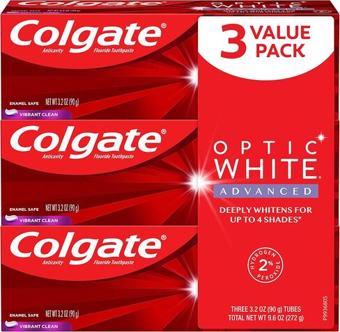 Colgate Optic White Advanced Teeth Whitening Toothpaste, Vibrant Clean, 3.2 Ounce Tube, 3 Pack in Saudi Arabia