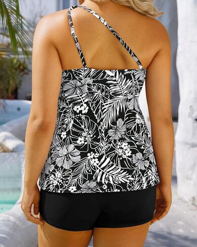 Daci Women Plus Size Tankini Swimsuit Two Piece Tummy Control Bathing Suits One Shoulder Swimwear with Shorts in Kuwait