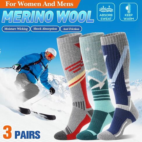 3 Pairs Merino Wool Ski Socks Thermal Warm Winter Thick Knee High Snowboarding Skiing Socks for Women Men in Saudi Arabia