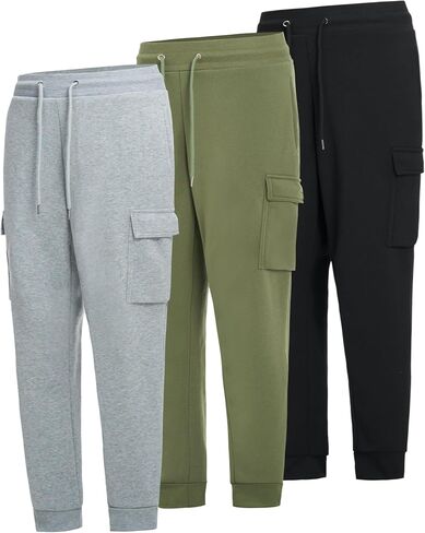 Men's 3-Pack Fleece Athletic Workout Jogger Sweatpants with Cargo Pockets and Drawstring. Available in S to 3XL in Saudi Arabia