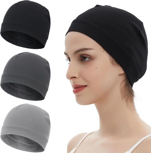 3 Pieces 100% Cotton Skull Caps beanie for Men Women Lightweigt night Cap Sleep Hats Breathable Helmet Liner in Saudi Arabia