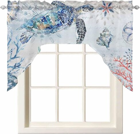 Coastal Octopus Swag Valance Kitchen Curtains,Rod Pocket Valance Curtain Panels for Bedroom Living Room Bathroom Cafe Windows,Starfish Coral Shell Conch Tropical Fish Blue 56''x36'' in Saudi Arabia