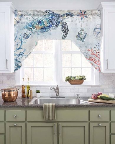 Coastal Octopus Swag Valance Kitchen Curtains,Rod Pocket Valance Curtain Panels for Bedroom Living Room Bathroom Cafe Windows,Starfish Coral Shell Conch Tropical Fish Blue 56''x36'' in Saudi Arabia