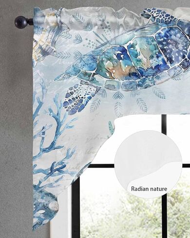 Coastal Octopus Swag Valance Kitchen Curtains,Rod Pocket Valance Curtain Panels for Bedroom Living Room Bathroom Cafe Windows,Starfish Coral Shell Conch Tropical Fish Blue 56''x36'' in Saudi Arabia