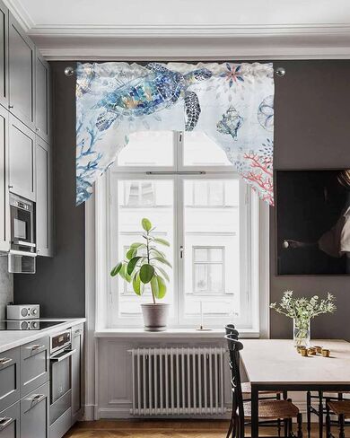 Coastal Octopus Swag Valance Kitchen Curtains,Rod Pocket Valance Curtain Panels for Bedroom Living Room Bathroom Cafe Windows,Starfish Coral Shell Conch Tropical Fish Blue 56''x36'' in Saudi Arabia