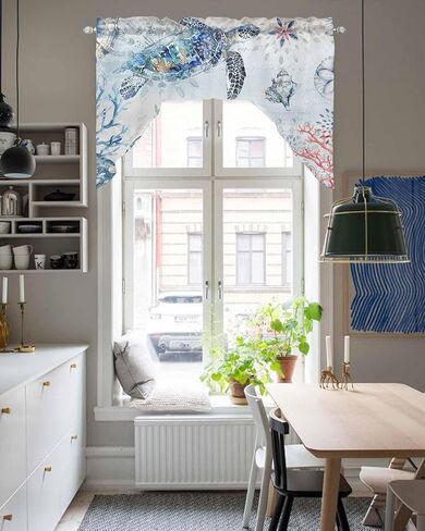 Coastal Octopus Swag Valance Kitchen Curtains,Rod Pocket Valance Curtain Panels for Bedroom Living Room Bathroom Cafe Windows,Starfish Coral Shell Conch Tropical Fish Blue 56''x36'' in Saudi Arabia
