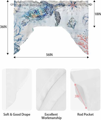 Coastal Octopus Swag Valance Kitchen Curtains,Rod Pocket Valance Curtain Panels for Bedroom Living Room Bathroom Cafe Windows,Starfish Coral Shell Conch Tropical Fish Blue 56''x36'' in Saudi Arabia