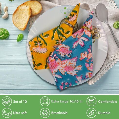 DIYANAIMPEX 10 قطع من مناديل القماش القطنية مطبوعة يدويًا مقاس 16 × 16 بوصة مطبوعة لديكور المنزل الهندي الصديق للبيئة مجموعة مناديل العشاء (متعددة الألوان) in Kuwait