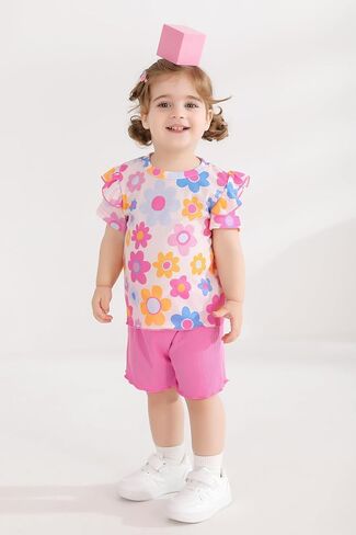 صغيرة Cutey طفل رضيع فتاة ملابس الرضع الصيف أزهار لطيفة طباعة الزي تكدرت تي شيرتات قصيرة الاكمام والسراويل 2 قطعة مجموعة in Kuwait